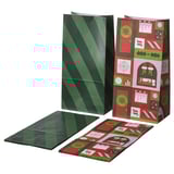 Two sets of green paper gift bags with diagonal stripes and colorful christmas designs. One set is upright, the other flat on a white surface.
