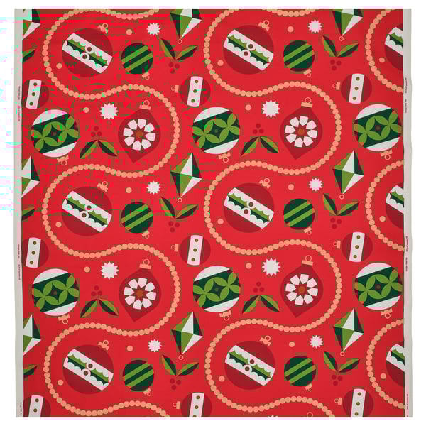 VINTERFINT red festive decor: holly, ornaments, chains, green accents. Cotton fabric. Bright, classic christmas design.