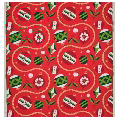 VINTERFINT red festive decor: holly, ornaments, chains, green accents. Cotton fabric. Bright, classic christmas design.