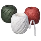 Three colorful spools of paper ribbon - green, white, and red. Round shape, metallic finish.