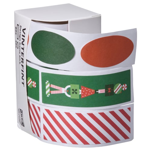 VINTERFINT christmas sticker roll. Green, red, and striped stickers in varied shapes. Ideal for gift wrapping.