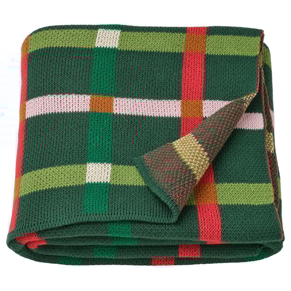 VINTERFINT green plaid throw blanket, soft cotton, folded, square shape, red accents.