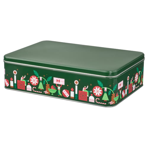 Christmas-themed green tin box with holiday designs, rectangular shape, made from tinplated steel with a glossy finish.