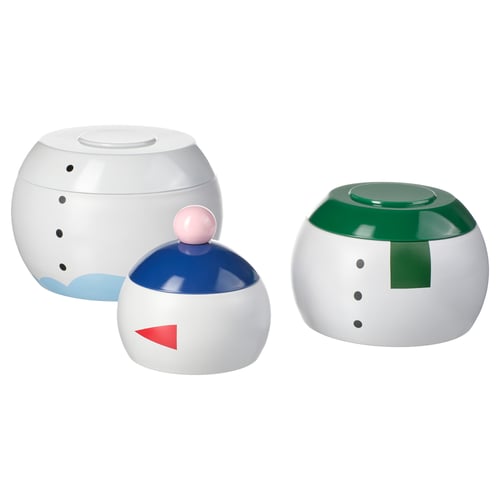Three colourful, spherical containers with knobs on top, each in white, green, and blue with playful face markers.