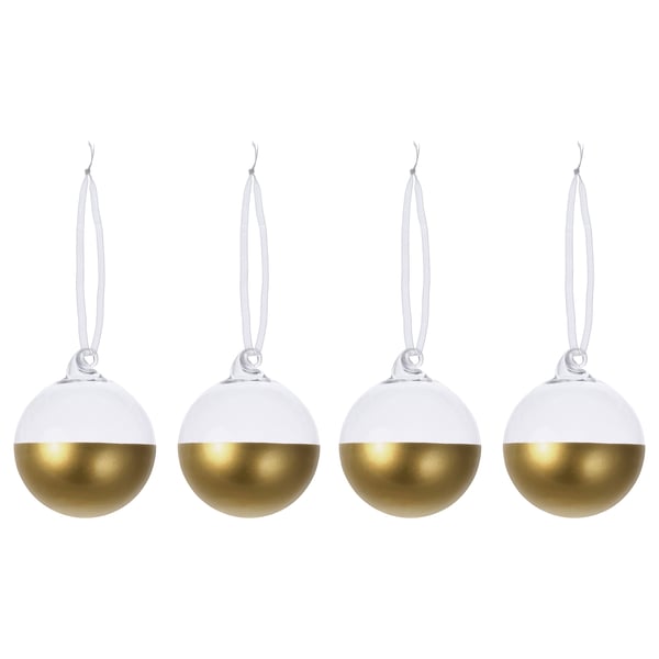 Four spherical ornaments, gold bottom half, white top, hang from ribbons. Glass with gold paint, clear base.
