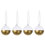 Four spherical ornaments, gold bottom half, white top, hang from ribbons. Glass with gold paint, clear base.
