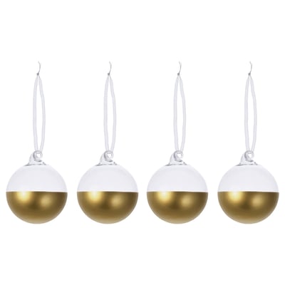 Four spherical ornaments, gold bottom half, white top, hang from ribbons. Glass with gold paint, clear base.