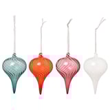 Colorful glass ornaments: blue, orange, red, clear. Ribbed, festive.