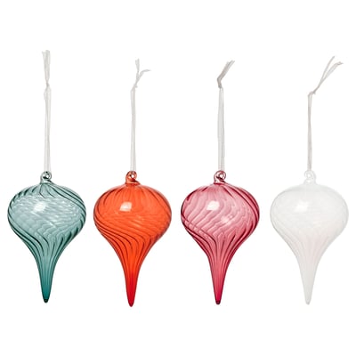 Colorful glass ornaments: blue, orange, red, clear. Ribbed, festive.