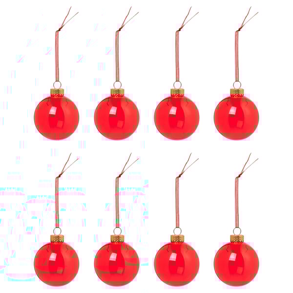 Eight bright red spherical christmas ornaments with golden caps and red ribbons, arranged neatly on a white background.