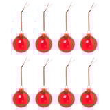 Eight bright red spherical christmas ornaments with golden caps and red ribbons, arranged neatly on a white background.