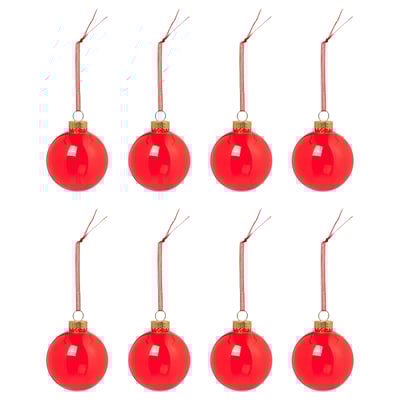 Eight bright red spherical christmas ornaments with golden caps and red ribbons, arranged neatly on a white background.