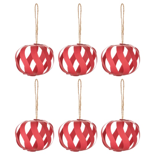 Six red paper ornaments with jute hangers, spherical shape with a red and white diamond pattern.