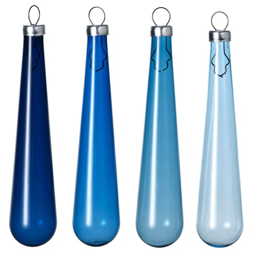 Four teardrop-shaped vases in blue hues, dark to light, made of glass with metal caps and hangers.