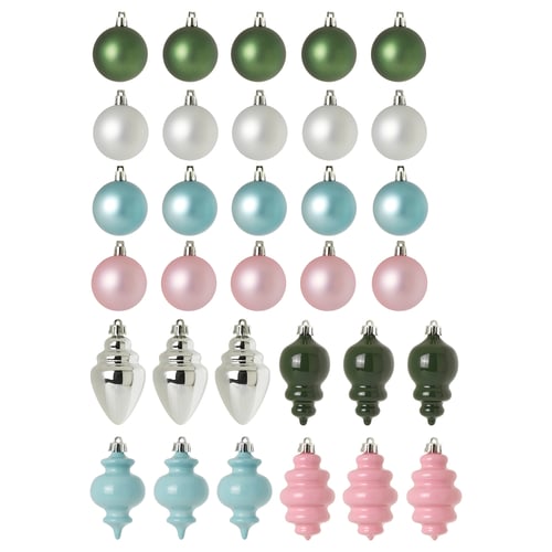 VINTERFINT set: 32 christmas ornaments in pastel colours, plastic, round and tear-drop shapes.