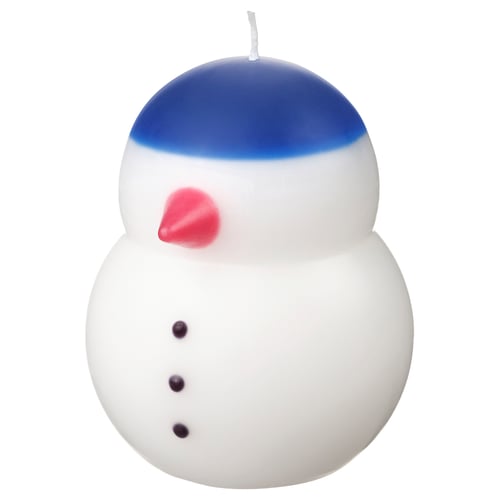 VINTERFINT snowman candle: white, blue hat, red nose, round shape.