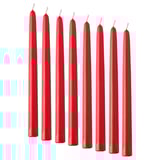 Eight red candles in a row, uniformly shaped with white wicks, arranged neatly.