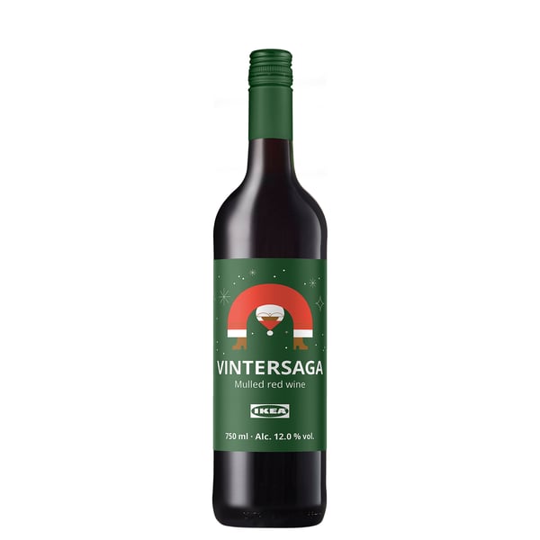 IKEA green wine bottle with santa label, white text VINTERSAGA, 750ml.