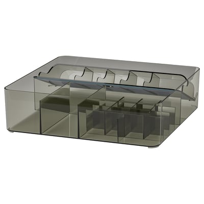 VISSLAÅN box organizer, dark grey, transparent plastic, rectangular shape, multiple compartments for small items.