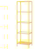 Bright yellow VITTSJÖ shelving unit with four glass shelves, standing tall and sleek.