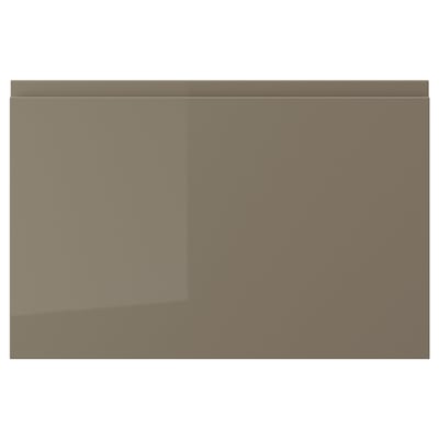 VOXTORP high-gloss dark grey-brown kitchen door with sleek, modern design and integrated handle.