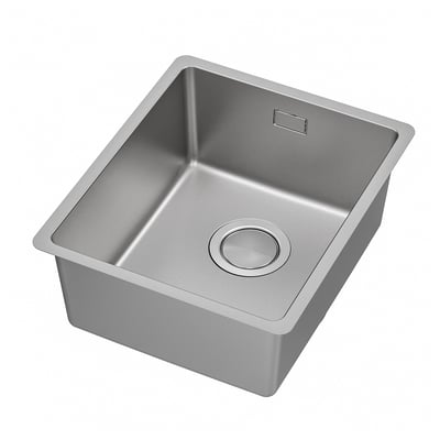 A VRESJÖN stainless steel sink. Its square-shaped and fitted with a circular drain. Its sleek and modern design adds elegance to kitchens.