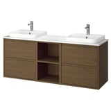 Doppelwaschtisch aus Naturholz mit Arbeitsplatte aus Marmor, zwei quadratischen weißen Waschbecken und modernen Chromarmaturen.