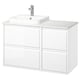 Moderner weißer Badezimmerschrank, schlankes Design, vier Schubladen, Marmor-Arbeitsplatte, verchromter Wasserhahn.