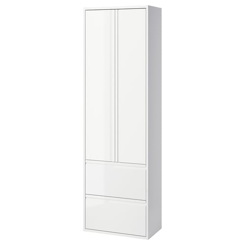 Ein weißer ÄNGSJÖN Hochschrank mit Schubladen und Türen für die Aufbewahrung im Badezimmer. Er hat ein schlankes, modernes Design mit integrierten Griffen und einer glänzenden Oberfläche.