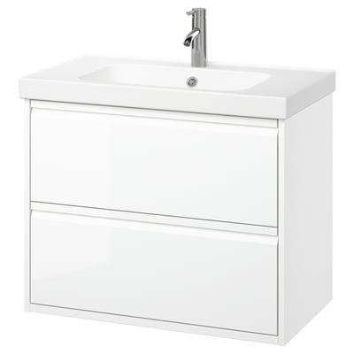 Weißer ÄNGSJÖN Badezimmerschrank, modernes Design mit 2 Schubladen, Keramikwaschbecken, verchromter Wasserhahn.