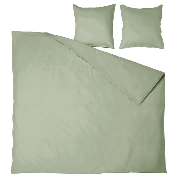 ÄNGSLILJA Bettwäsche-Set: hellgrün, Bettdecke und Kissen aus Baumwolle, schlichtes quadratisches Design.