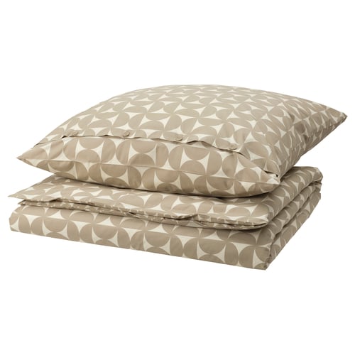 ÄNGSNEJLIKA Bettwäsche-Set, grau-beige/cremefarben, geometrisches Muster, gefaltet, Baumwolle/Viskose, knackiger Stoff.