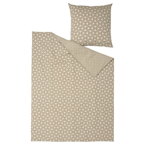 ÄNGSNEJLIKA Bettwäsche-Set, geometrisches grau-beige Muster, weiche Baumwoll-Viskose, rechteckige Bettdecke und Kissenformen.