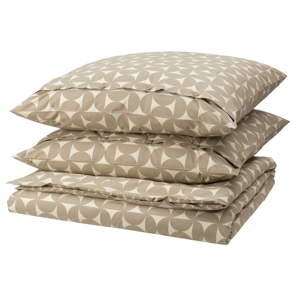 Gestapeltes Bettwäsche-Set, grau-beige, geometrisches Muster, Bettdecke & Kissen, Baumwolle/Viskose.
