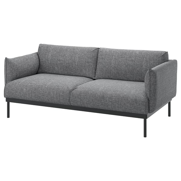 Modernes graues Sofa, schlanke Metallbeine, gemütliche Kissen, perfekt zum Entspannen.