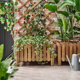 ASKHOLMEN Blumenkästen und Spalier unterstützen Kletterpflanzen, die an einer roten Backsteinwand stehen. Hölzern, rechteckig, mit üppigem Grün.