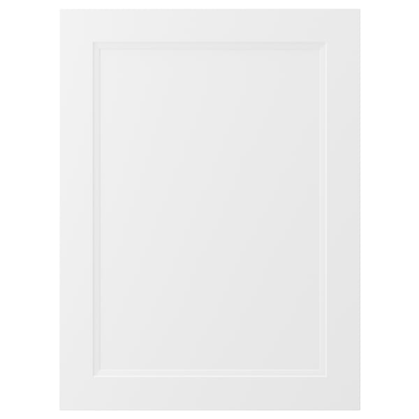 AXSTAD: weiße, quadratische Küchenschranktür mit weichen Linien und eingesetzter Platte, matte Oberfläche.