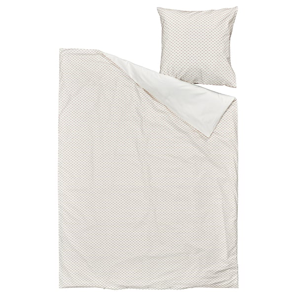 Strukturiertes Bettdeckenset in Beige und Weiß aus 100 % Baumwolle. Eine solide Rückseite und ein gewebtes Design auf der Vorderseite, perfekt für ein gemütliches, elegantes Bett.