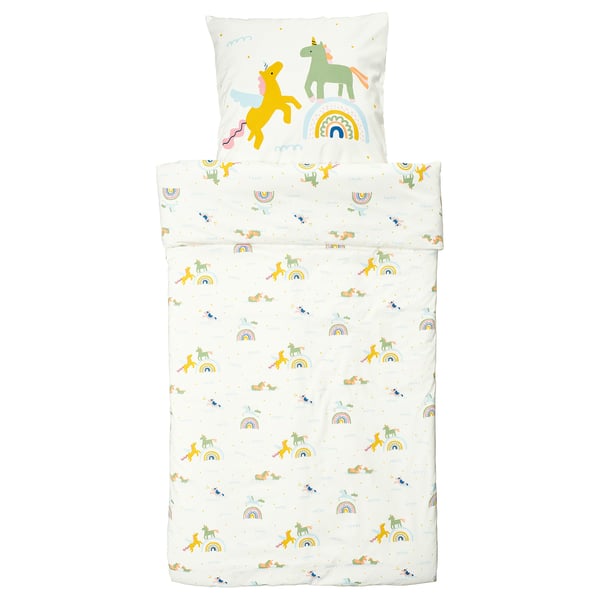 Kinderbettwäsche-Set: weiße, gelbe, grüne Einhörner, Regenbögen, Baumwolle.
