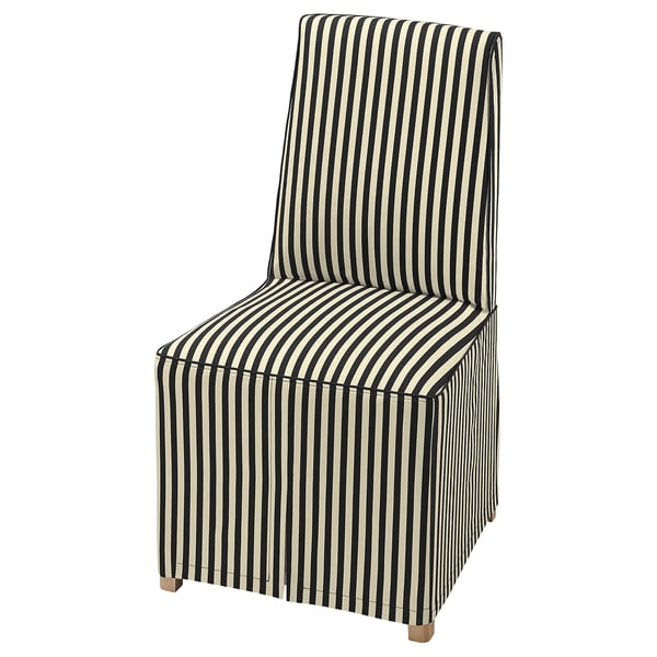 Ikea BERGMUND Stuhl, schwarz-weiß gestreift, weiches Kissen, Holzbeine, modernes Design.
