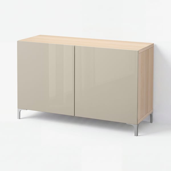 BESTÅ Aufbewahrung mit Türen, Eiche/Selsviken Hochglanz beige, 120x42x74 cm