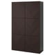 Dunkelbrauner Holzschrank, rechteckig, Fischgrätmuster an den Türen, vier Fächer, modernes minimalistisches Design.
