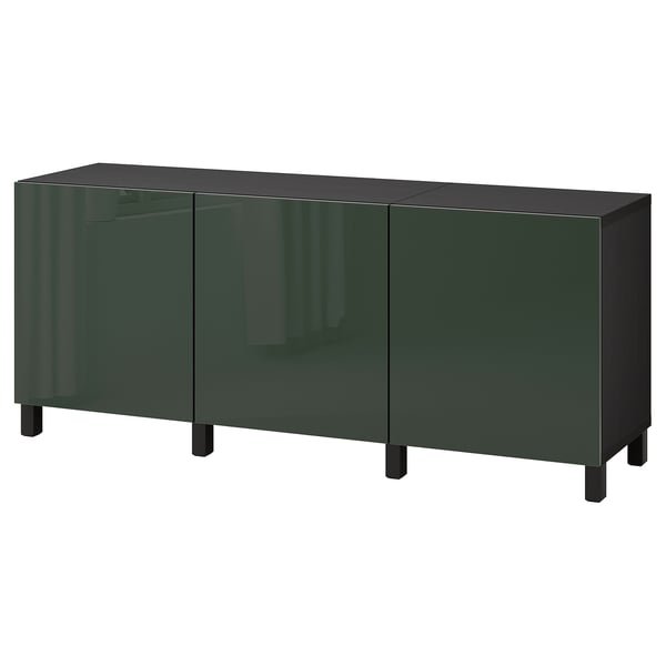 Dunkelgrünes ikea BESTÅ Sideboard mit 3 reflektierenden Abschnitten und schwarzen Beinen.