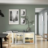 Modernes Wohnzimmer mit Vitrine, Geschirr, Dekor, Salbeiwand.
