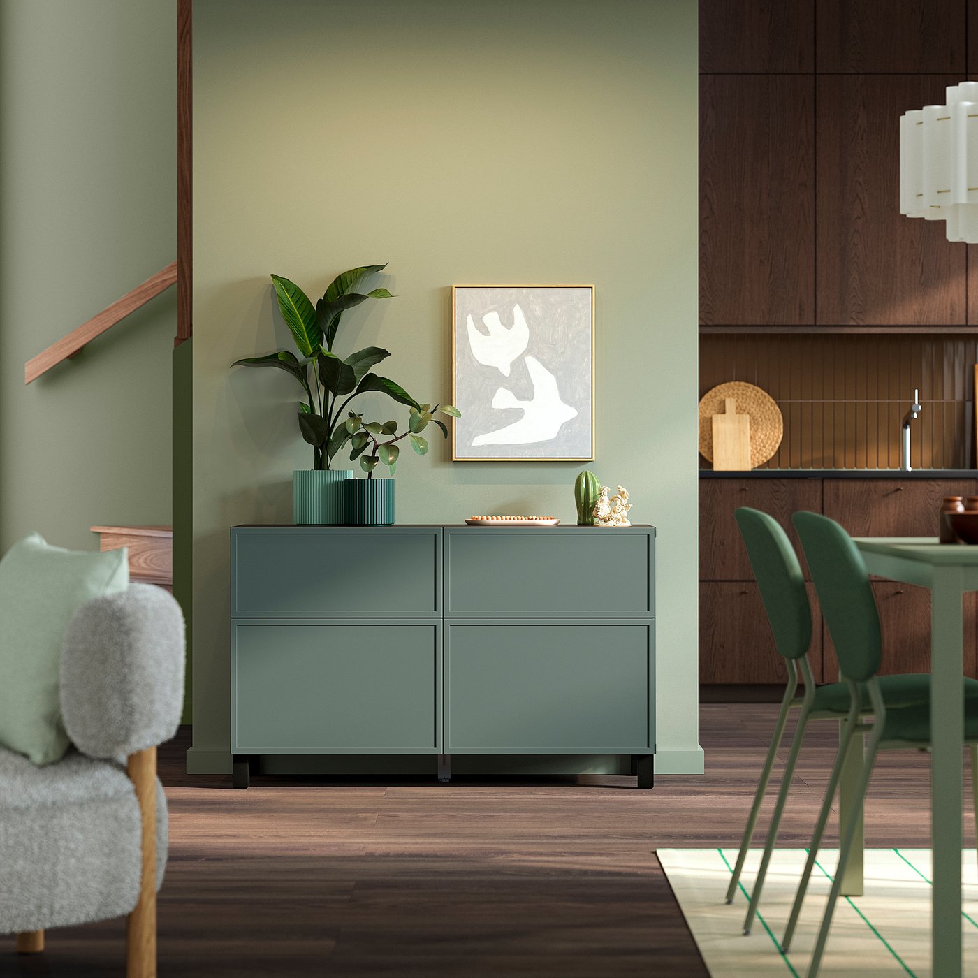 Thumbnail - IKEA BESTÅ Aufbewkomb.+Türen/Schubladen schwarzbraun/Krukmakare dunkel graugrün 120x42x74 cm