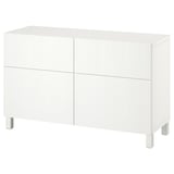 BESTÅ weißer Schrank, rechteckig, Holz, mit vier Teilen, zwei Türen und zwei Schubladen, minimalistisches Design.