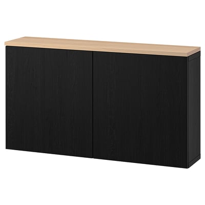 Schwarzes BESTÅ Sideboard mit Eichenplatte, zwei Türen, minimalistisches Design.