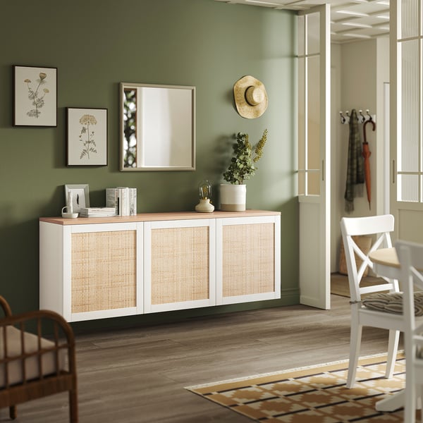 BESTÅ Schrankkombination für Wandmontage, weiß Studsviken/weiß geflochtene Pappel, 180x42x66 cm