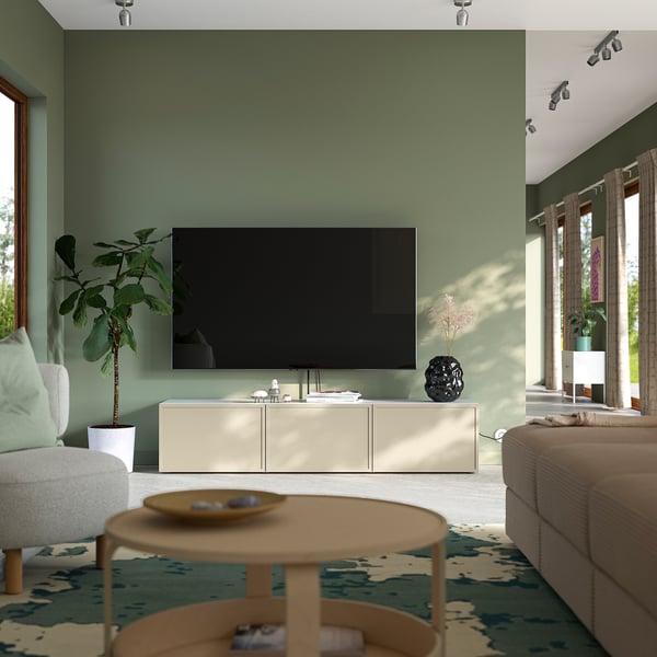 BESTÅ TV-Bank mit Türen, weiß/Krukmakare beige, 180x42x38 cm