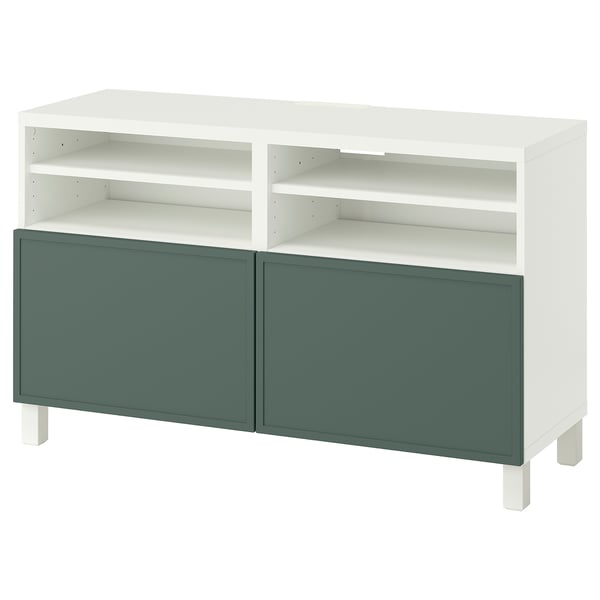 BESTÅ TV-Bank mit Türen, weiß/Krukmakare dunkel graugrün, 120x42x74 cm